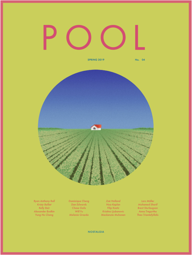 Front cover of the most recent issue of POOL, a bright green cover with a circle framing a house in a field