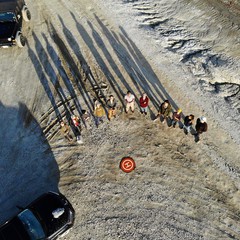 An aerial drone shot of students in at Owen's (dry) Lake on the Eastern side of the Sierra Nevada in California