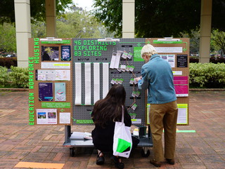 A shot of students in the Perloff Hall Gallery from outside