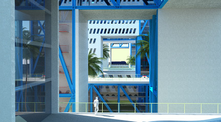Rendering of a blue building with cut out view
