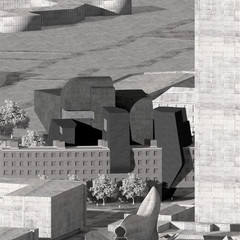 Rendering of a brutalist-looking building in black and white