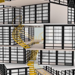 A rendering of a tower of condominium units, with black scaffolding, clear windows, and a yellow staircase