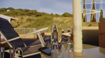 Video still from final student project showing distorted view of a chair on a deck.