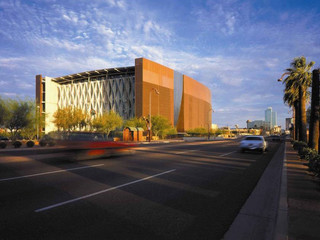 Exterior shot of Phoenix Central Library, an iconic structure that straddles Interstate 10 in Phoenix.