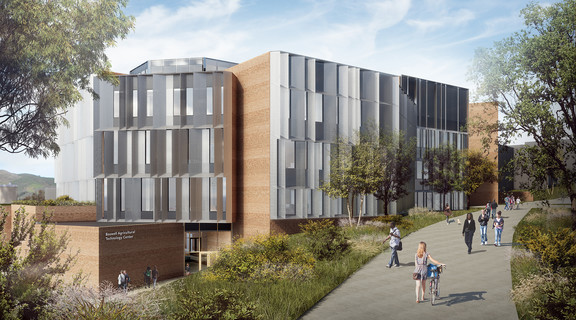 Rendering of the Science and Agriculture Teaching and Research Complex (SATRC) building at Cal Poly San Luis Obispo, a bi-level building with slanted grey facade elements.