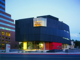 Exterior shot of the Nevada Museum of Arts, a four-level building inspired by the landscape and the unique geological formations of the Black Rock Desert.