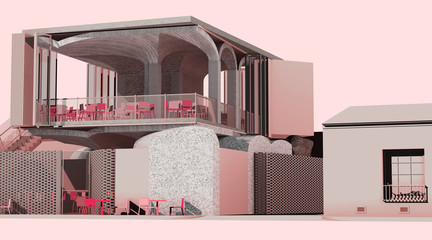 Rendering of a pink colored restaurant