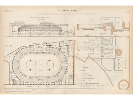 Image of an architectural drawing from 1881 showing electric lighting at Hippodrome de l'Alma in Paris.