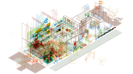 Intricate drawing of a colorful architectural space