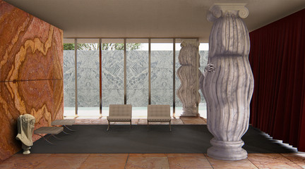 Image of an installation with large bulging columns and two chairs facing the photographer