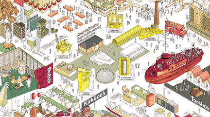 Cartoon-like drawing of Oslo Architectural Triennale
