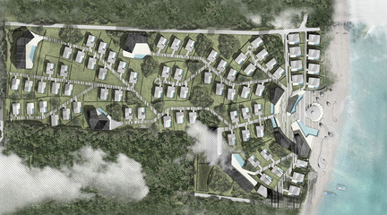 Aerial view of a rendering of a master plan for a luxury waterfront resort surrounded by jungle