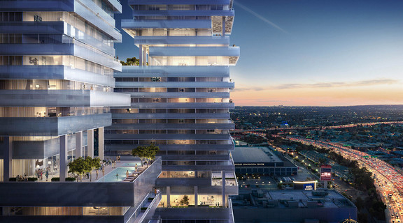 Close up rendering of a multi-story, mixed-use building looking towards downtown Los Angeles