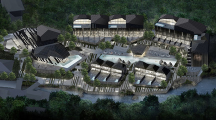 Oblique view of a rendering of a masterplan of a resort in a tropical location surrounded by waterways