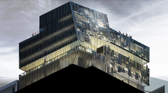Worm's Eye view of a rendering of a dark angular building