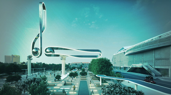 Rendering of a Kinetic Obelisk, a metal balance structure in a courtyard