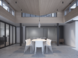 Rendering of an interior courtyard with white table and chairs in the middle