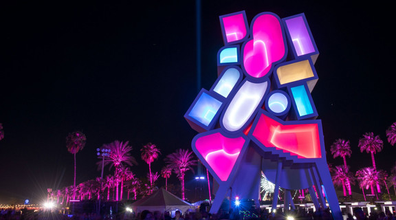 Image of a Coachella installation at night