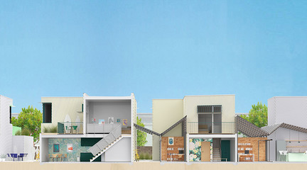 Rendering of a front section of Little Berkeley a low-rise affordable housing project in Santa Monica