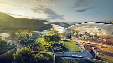 Rendering of the exterior of a concept for a museum and park landscape in Suzhou, China