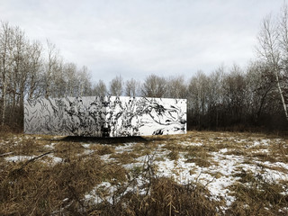 Rendering of a white block-like building in wintery woods