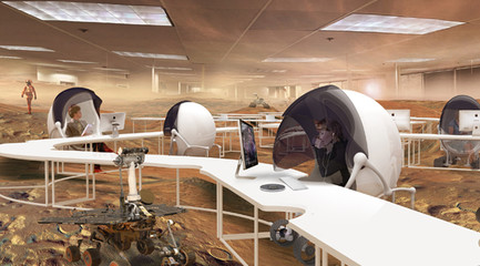 Rendering of a workspace with people working in individual white pods