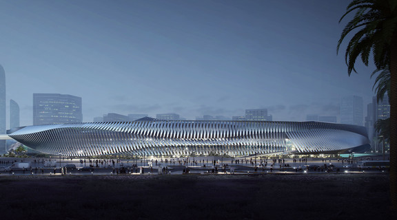 Image of a futuristic looking station for the Hyperloop high speed transportation