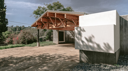 Shot of garage and wooden roof