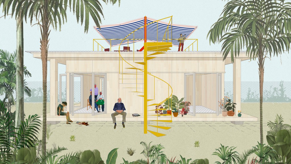 Rendering of an ADU design featuring a simple geometric structure that is elevated above grade