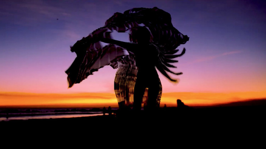 Screenshot from a film showing an installation on a beach at sunset