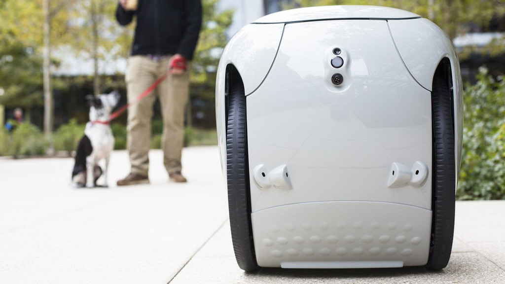 Photograph of the gita robot on the street with a dog and its owner