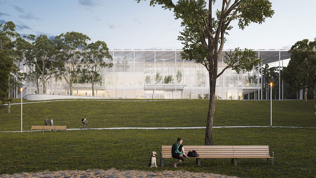 Rendering of a woman with her dog sitting on a bench in front of a lawn and wide white building