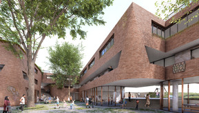 A illustration of a large building on a street corner, with a triangular shaped cutout that creates a blue-colored space in the underside of the building, with colorful art on the walls