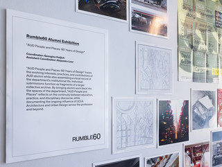 A photograph showing a series of architectural images, each on a square page, assembled across a wall like pixels