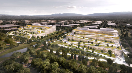 Rendering of a large tech campus surrounded by trees