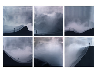 Six images of a person standing on a mountain in a cloud