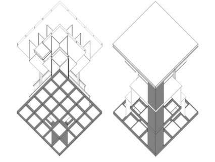 Two three-dimensional axonometric views of the building comprised of squares