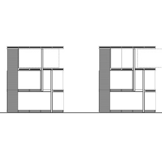 Square building with three floor levels 