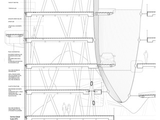 Black and white line-drawing of a uilding section with structural members alled out and facade to structure onnections made evident.