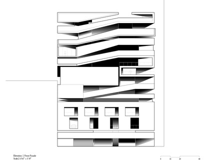 Black and white line drawing of front facade elevation using gradient to show how light and shadow inhabit the building facade.