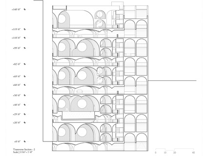 Black and white line drawing with transverse section cut through building.