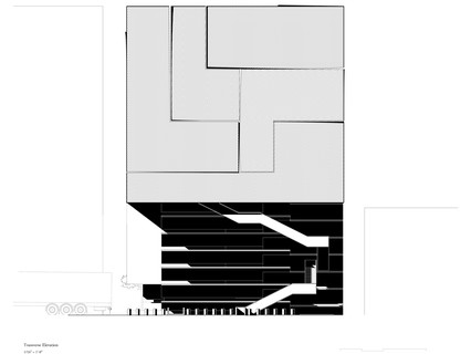 Black and white line drawing of building's short elevation.