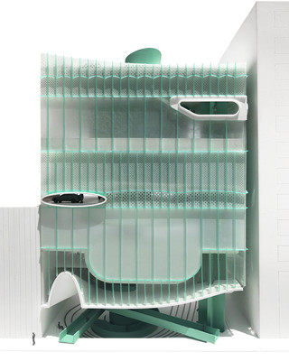 Photograph of facade model. White frosted acrylic with mint green mullions on facade. Model is placed between two modeled existing site conditions.