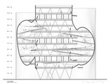 Black and white line-drawing of a building section with flat floor plates shown and diagonally organized, wicker-basket-like structural members extending the full height of the building within.