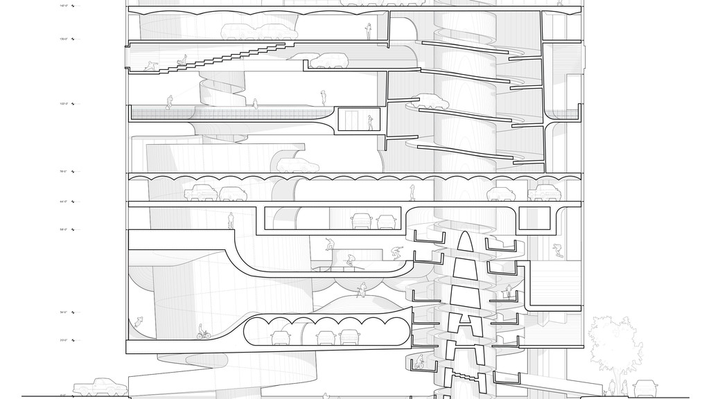 Black and white line-drawing of a building section with bicyclists on ground level and cars scattered throughout.