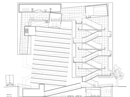 Black and white line drawing of sectioncut through building.