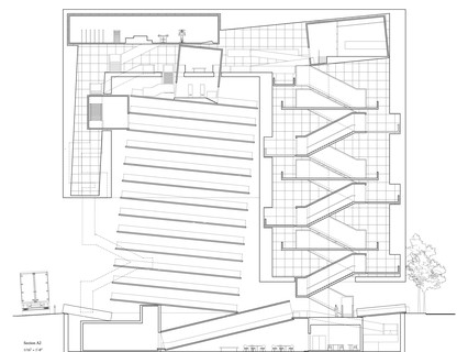 Black and white line drawing of sectioncut through building.