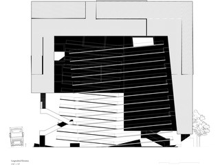Black and white line drawing of longitudinal section cut through building.