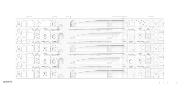 Black and white line drawing of unrolled elevation.