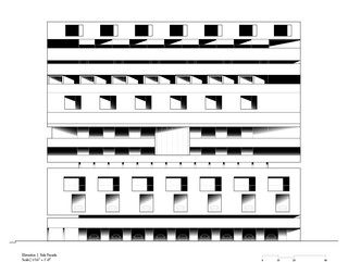 Black and white line drawing of facade elevation using gradient to show how light and shadow inhabit the building facade.